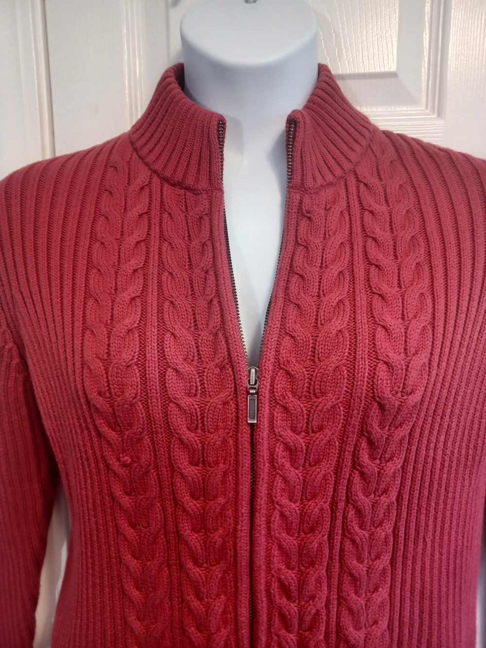 Lands' End Red Cable-Knit Full-Zip Cardigan in Medium 10/12 Classic Holiday